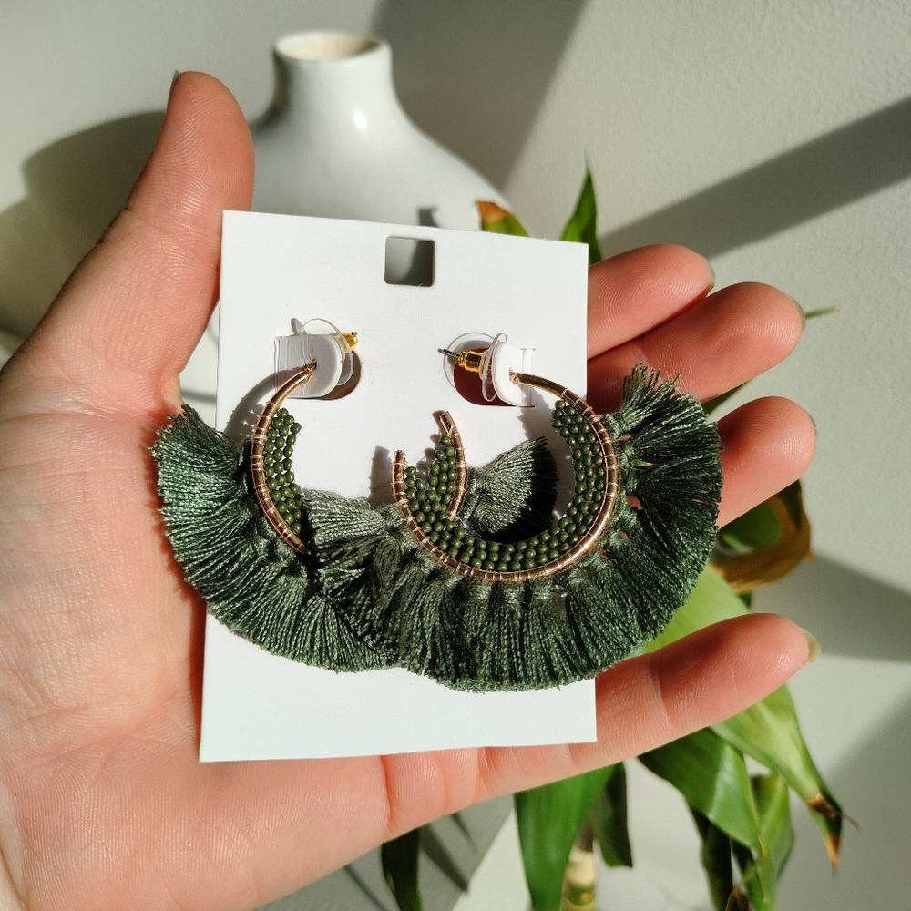 Green Boho Tassel Earrings - Picture 9 of 9